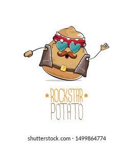 vector rock star potato funny cartoon cute character with bandana, leather jacket, sunglasses and moustache isolated on white background. rock n roll hipster vegetable funky character