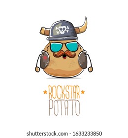 vector rock star potato funny cartoon cute character with viking helmet, leather jacket, sunglasses and moustache isolated on white background. rock n roll hipster vegetable funky character