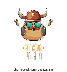 vector rock star potato funny cartoon cute character with viking helmet, leather jacket, sunglasses and moustache isolated on white background. rock n roll hipster vegetable funky character