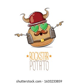 vector rock star potato funny cartoon cute character with viking helmet, leather jacket, sunglasses and moustache isolated on white background. rock n roll hipster vegetable funky character