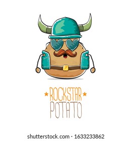 vector rock star potato funny cartoon cute character with viking helmet, leather jacket, sunglasses and moustache isolated on white background. rock n roll hipster vegetable funky character