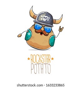 vector rock star potato funny cartoon cute character with viking helmet, leather jacket, sunglasses and moustache isolated on white background. rock n roll hipster vegetable funky character