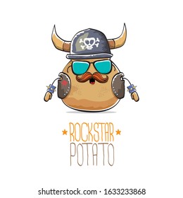 vector rock star potato funny cartoon cute character with viking helmet, leather jacket, sunglasses and moustache isolated on white background. rock n roll hipster vegetable funky character