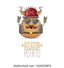 vector rock star potato funny cartoon cute character with viking helmet, leather jacket, sunglasses and moustache isolated on white background. rock n roll hipster vegetable funky character