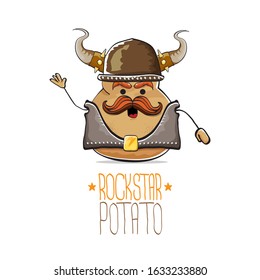 vector rock star potato funny cartoon cute character with viking helmet, leather jacket, sunglasses and moustache isolated on white background. rock n roll hipster vegetable funky character