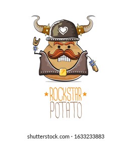 vector rock star potato funny cartoon cute character with viking helmet, leather jacket, sunglasses and moustache isolated on white background. rock n roll hipster vegetable funky character