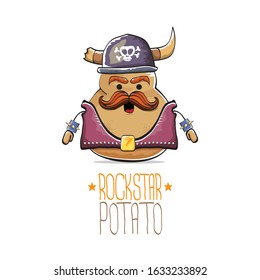 vector rock star potato funny cartoon cute character with viking helmet, leather jacket, sunglasses and moustache isolated on white background. rock n roll hipster vegetable funky character