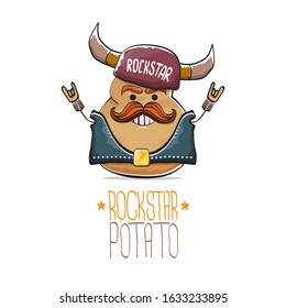 vector rock star potato funny cartoon cute character with viking helmet, leather jacket, sunglasses and moustache isolated on white background. rock n roll hipster vegetable funky character