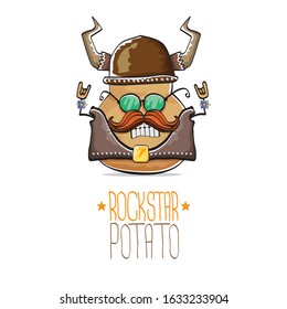 vector rock star potato funny cartoon cute character with viking helmet, leather jacket, sunglasses and moustache isolated on white background. rock n roll hipster vegetable funky character