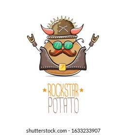 vector rock star potato funny cartoon cute character with viking helmet, leather jacket, sunglasses and moustache isolated on white background. rock n roll hipster vegetable funky character