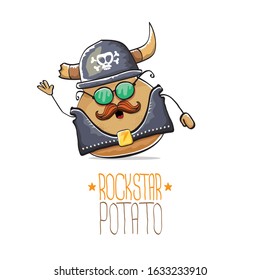 vector rock star potato funny cartoon cute character with viking helmet, leather jacket, sunglasses and moustache isolated on white background. rock n roll hipster vegetable funky character