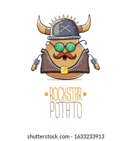 vector rock star potato funny cartoon cute character with viking helmet, leather jacket, sunglasses and moustache isolated on white background. rock n roll hipster vegetable funky character