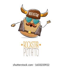 vector rock star potato funny cartoon cute character with viking helmet, leather jacket, sunglasses and moustache isolated on white background. rock n roll hipster vegetable funky character