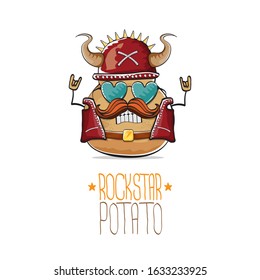 vector rock star potato funny cartoon cute character with viking helmet, leather jacket, sunglasses and moustache isolated on white background. rock n roll hipster vegetable funky character