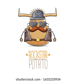 vector rock star potato funny cartoon cute character with viking helmet, leather jacket, sunglasses and moustache isolated on white background. rock n roll hipster vegetable funky character