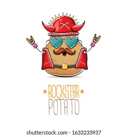 vector rock star potato funny cartoon cute character with viking helmet, leather jacket, sunglasses and moustache isolated on white background. rock n roll hipster vegetable funky character
