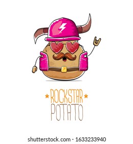 vector rock star potato funny cartoon cute character with viking helmet, leather jacket, sunglasses and moustache isolated on white background. rock n roll hipster vegetable funky character
