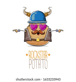 vector rock star potato funny cartoon cute character with viking helmet, leather jacket, sunglasses and moustache isolated on white background. rock n roll hipster vegetable funky character