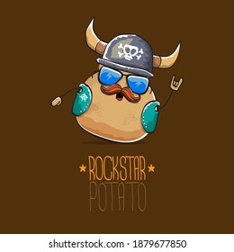vector rock star potato funny cartoon cute character with viking helmet, leather jacket, sunglasses and mustache isolated on white background. rock n roll hipster vegetable funky character