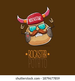 vector rock star potato funny cartoon cute character with viking helmet, leather jacket, sunglasses and mustache isolated on white background. rock n roll hipster vegetable funky character