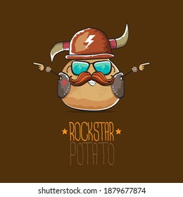 vector rock star potato funny cartoon cute character with viking helmet, leather jacket, sunglasses and mustache isolated on white background. rock n roll hipster vegetable funky character