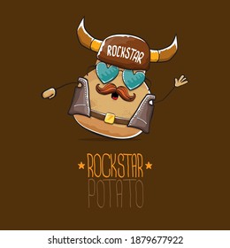 vector rock star potato funny cartoon cute character with viking helmet, leather jacket, sunglasses and mustache isolated on white background. rock n roll hipster vegetable funky character