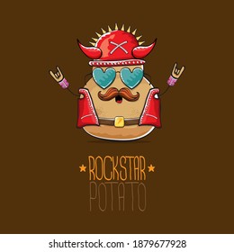 vector rock star potato funny cartoon cute character with viking helmet, leather jacket, sunglasses and mustache isolated on white background. rock n roll hipster vegetable funky character