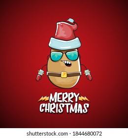 vector rock star Santa Claus potato funny cartoon cute character with red Santa hat and calligraphic merry Christmas text isolated on the red background. Rock n roll funky Christmas party banner