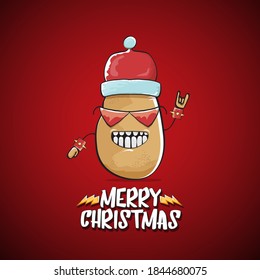 vector rock star Santa Claus potato funny cartoon cute character with red Santa hat and calligraphic merry Christmas text isolated on the red background. Rock n roll funky Christmas party banner