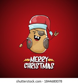 vector rock star Santa Claus potato funny cartoon cute character with red Santa hat and calligraphic merry Christmas text isolated on the red background. Rock n roll funky Christmas party banner
