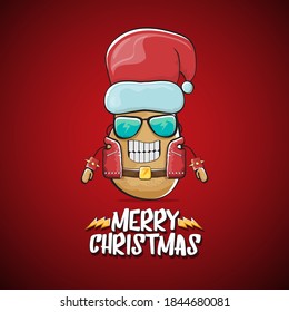 vector rock star Santa Claus potato funny cartoon cute character with red Santa hat and calligraphic merry Christmas text isolated on the red background. Rock n roll funky Christmas party banner