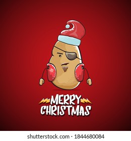 vector rock star Santa Claus potato funny cartoon cute character with red Santa hat and calligraphic merry Christmas text isolated on the red background. Rock n roll funky Christmas party banner