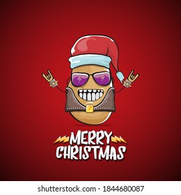 vector rock star Santa Claus potato funny cartoon cute character with red Santa hat and calligraphic merry Christmas text isolated on the red background. Rock n roll funky Christmas party banner