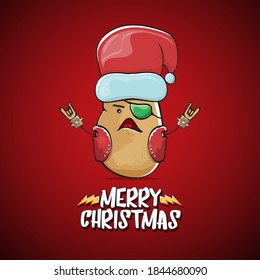 vector rock star Santa Claus potato funny cartoon cute character with red Santa hat and calligraphic merry Christmas text isolated on the red background. Rock n roll funky Christmas party banner