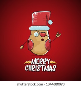 vector rock star Santa Claus potato funny cartoon cute character with red Santa hat and calligraphic merry Christmas text isolated on the red background. Rock n roll funky Christmas party banner