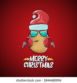 vector rock star Santa Claus potato funny cartoon cute character with red Santa hat and calligraphic merry Christmas text isolated on the red background. Rock n roll funky Christmas party banner