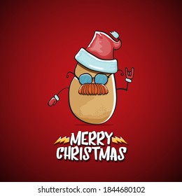 vector rock star Santa Claus potato funny cartoon cute character with red Santa hat and calligraphic merry Christmas text isolated on the red background. Rock n roll funky Christmas party banner