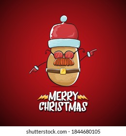vector rock star Santa Claus potato funny cartoon cute character with red Santa hat and calligraphic merry Christmas text isolated on the red background. Rock n roll funky Christmas party banner