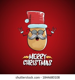 Vektor Rock-Star Santa Claus Kartoffel lustige Cartoon süße Charakter mit rotem Weihnachtsmütze und kalligrafischen fröhlichen Weihnachtstext einzeln auf rotem Hintergrund. Rock n Roll funky Weihnachtsparty Banner