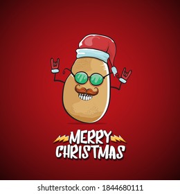 vector rock star Santa Claus potato funny cartoon cute character with red Santa hat and calligraphic merry Christmas text isolated on the red background. Rock n roll funky Christmas party banner