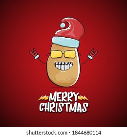 vector rock star Santa Claus potato funny cartoon cute character with red Santa hat and calligraphic merry Christmas text isolated on the red background. Rock n roll funky Christmas party banner
