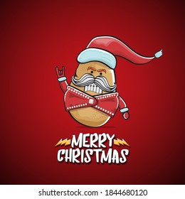 vector rock star Santa Claus potato funny cartoon cute character with red Santa hat and calligraphic merry Christmas text isolated on the red background. Rock n roll funky Christmas party banner