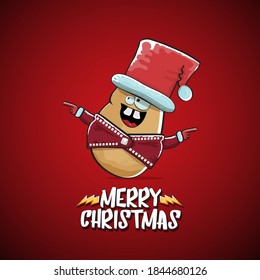 vector rock star Santa Claus potato funny cartoon cute character with red Santa hat and calligraphic merry Christmas text isolated on the red background. Rock n roll funky Christmas party banner