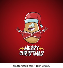vector rock star Santa Claus potato funny cartoon cute character with red Santa hat and calligraphic merry Christmas text isolated on the red background. Rock n roll funky Christmas party banner