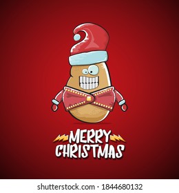 vector rock star Santa Claus potato funny cartoon cute character with red Santa hat and calligraphic merry Christmas text isolated on the red background. Rock n roll funky Christmas party banner