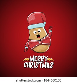 vector rock star Santa Claus potato funny cartoon cute character with red Santa hat and calligraphic merry Christmas text isolated on the red background. Rock n roll funky Christmas party banner