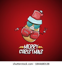 vector rock star Santa Claus potato funny cartoon cute character with red Santa hat and calligraphic merry Christmas text isolated on the red background. Rock n roll funky Christmas party banner