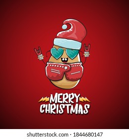 vector rock star Santa Claus potato funny cartoon cute character with red Santa hat and calligraphic merry Christmas text isolated on the red background. Rock n roll funky Christmas party banner