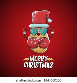 vector rock star Santa Claus potato funny cartoon cute character with red Santa hat and calligraphic merry Christmas text isolated on the red background. Rock n roll funky Christmas party banner