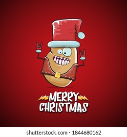 vector rock star Santa Claus potato funny cartoon cute character with red Santa hat and calligraphic merry Christmas text isolated on the red background. Rock n roll funky Christmas party banner